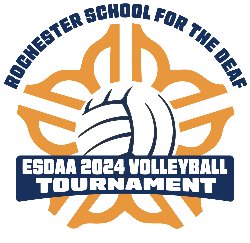 Tournament logo with volleyball and ROC flower logo Rochester School for the Deaf